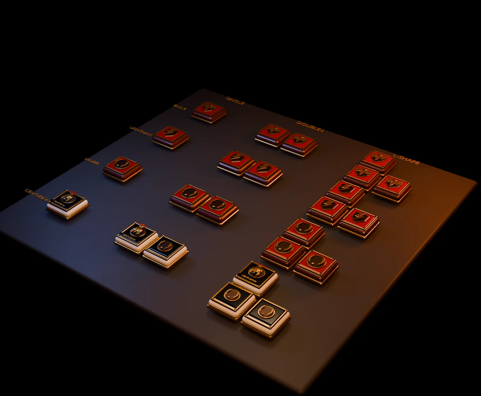 Roman Legionary and Centurion game tiles arranged on a dark presentation surface
